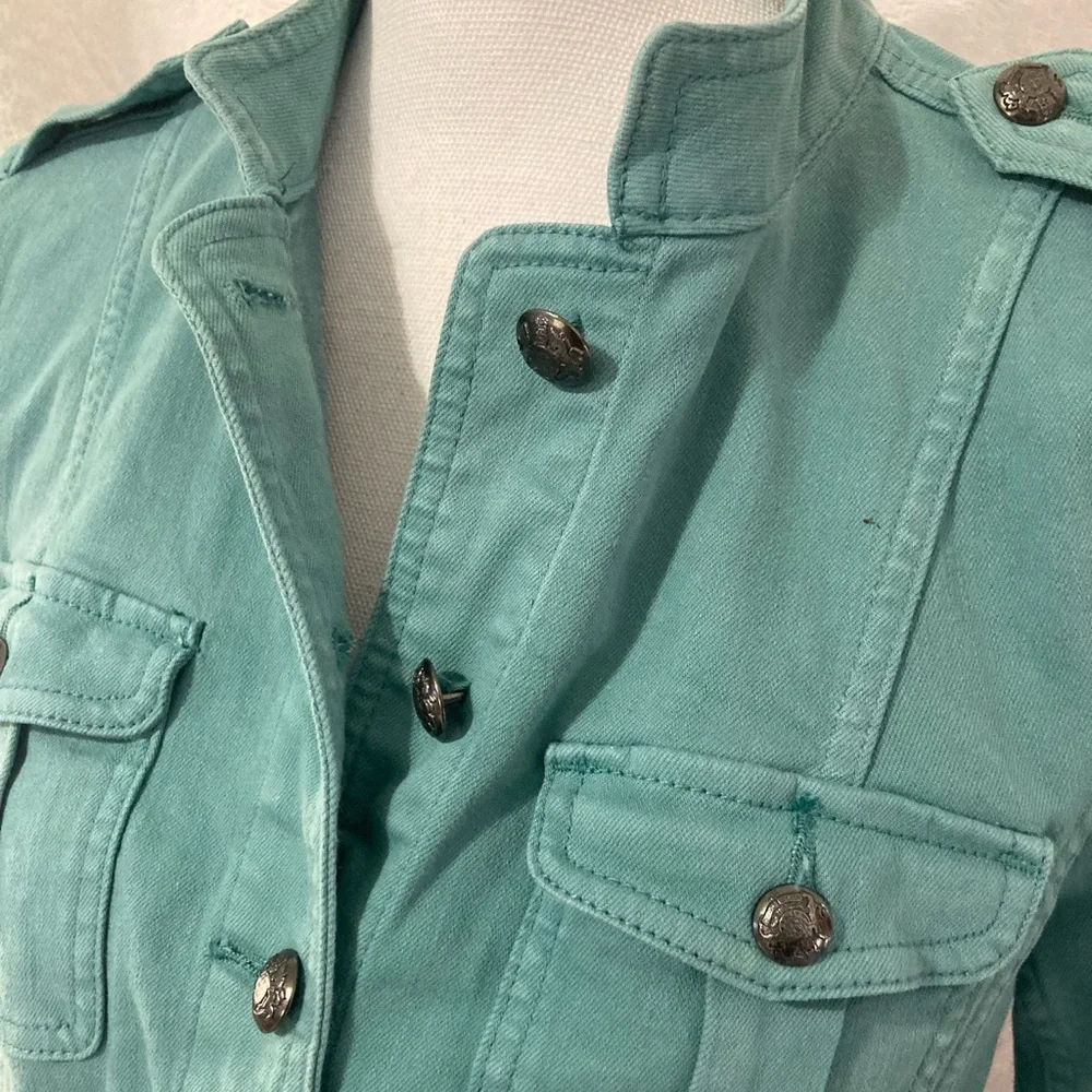 SOLD…Talbots Jacket Jean Jacket Teal Denim Military-Inspired Style, Size Small - Picture 3 of 16